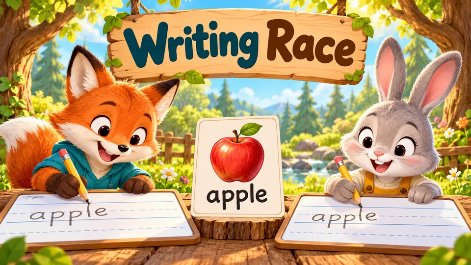 Fox and rabbit racing to write a shared word