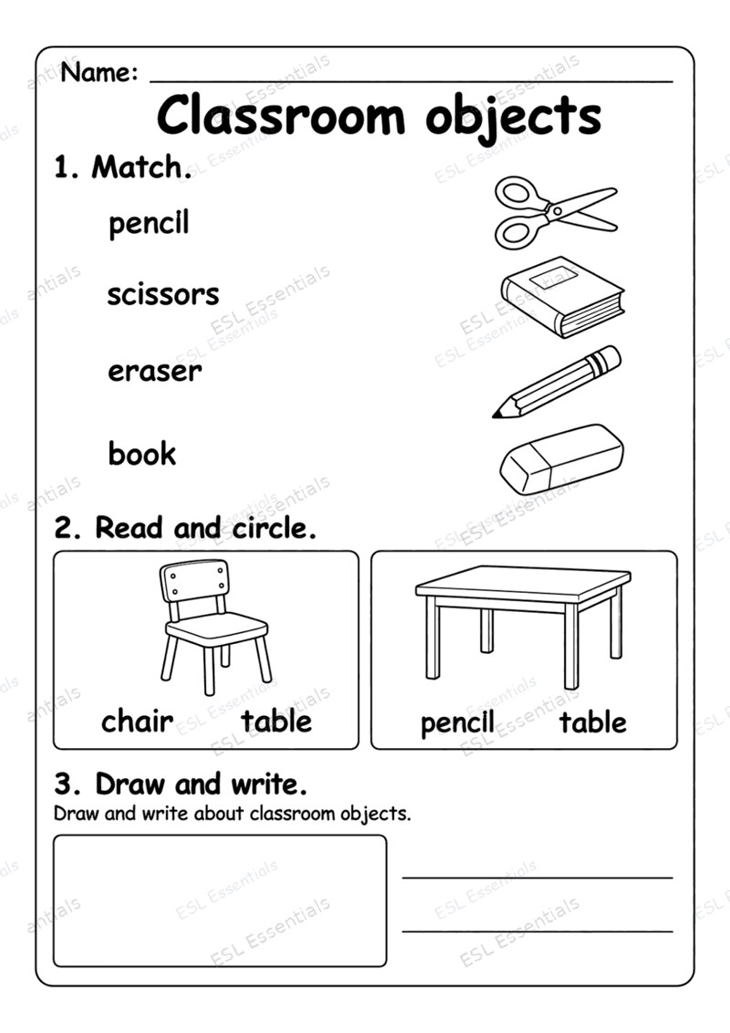 Classroom objects worksheet with matching, circling and drawing activities